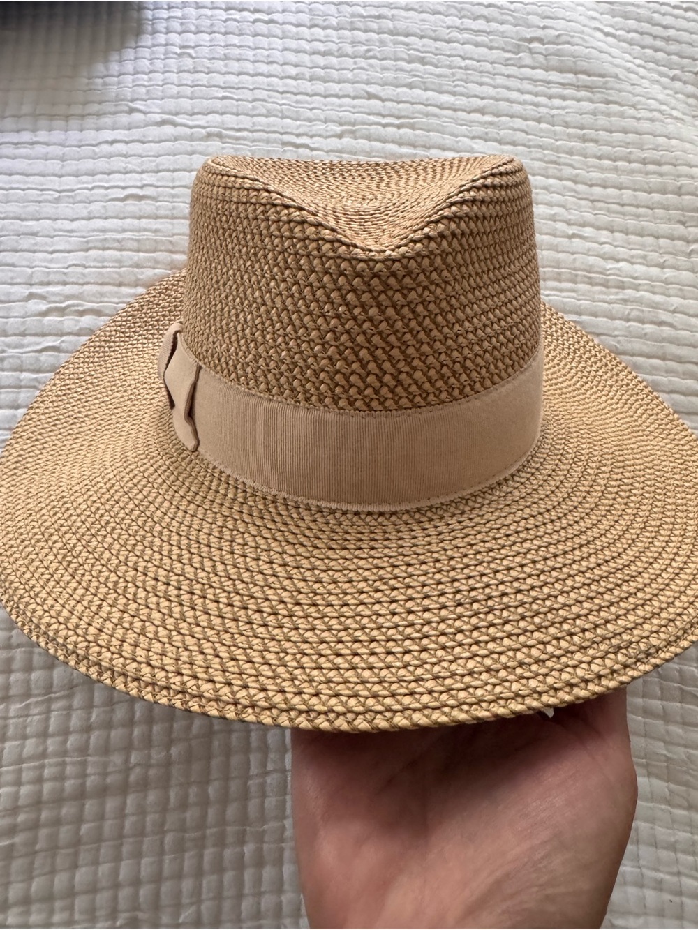 Eric Javits Wide-Brim Straw Fedora in Natural Tan with Grosgrain Band